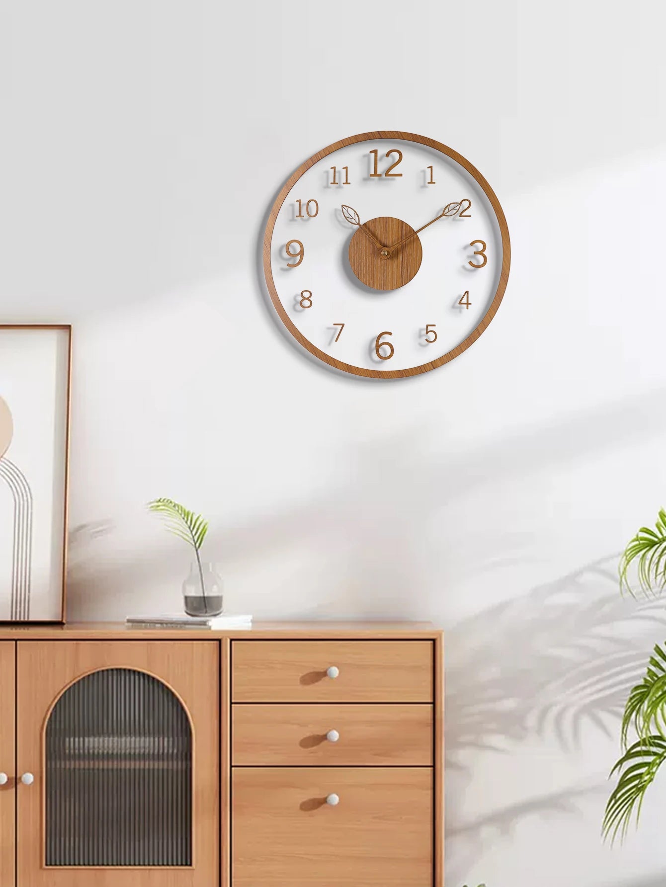 Transparent minimalist wall clock, tree leaf pointer, wood grain wall clock, silent living room, bedroom, office, and holiday de - vue 3 sur 7