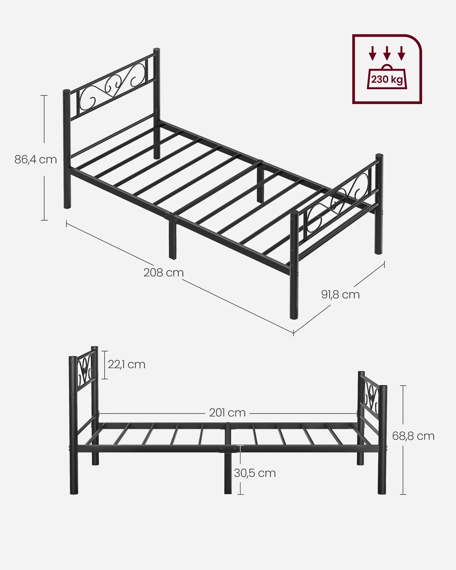 VASAGLE Single Bed Frame, Metal Bed Frame, Fits 90 x 190 cm Mattress, Easy Assembly, for Small Spaces, Guest Room, Black - vue 5 sur 7