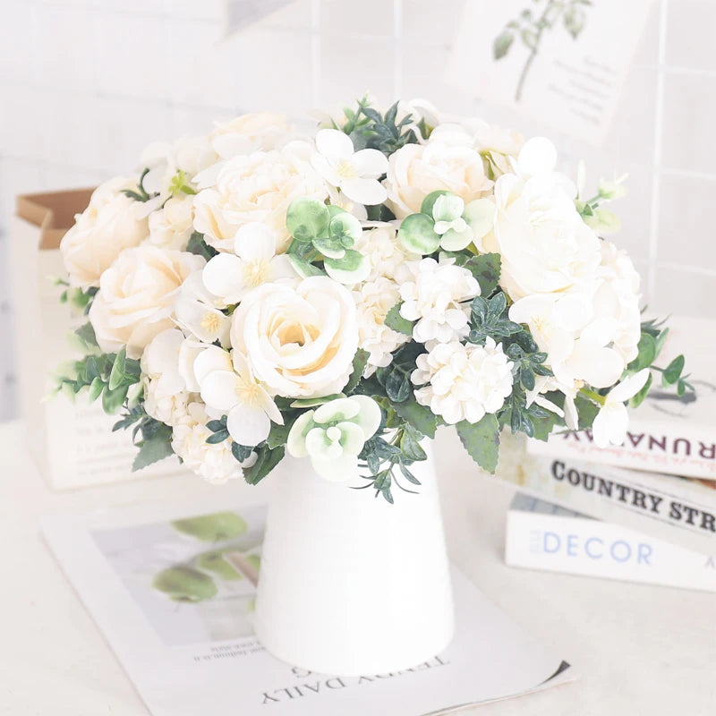 fleurs artificielles soie pivoine hortensia décoration mariage bouquet - vue 6 sur 40