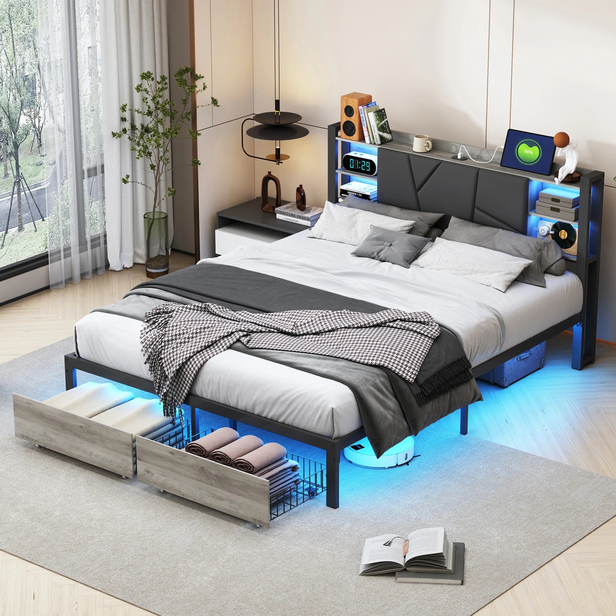 Double Bed with Metal Slatted Base,Platform Bed Frame with LED and 2 Drawers,Headboard with Storage Space,without mattress - vue 3 sur 7