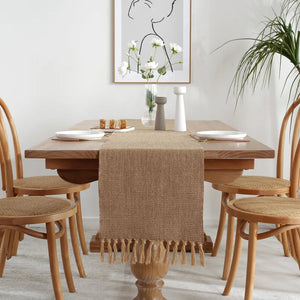 Embroidered linen table runner rustic style beige