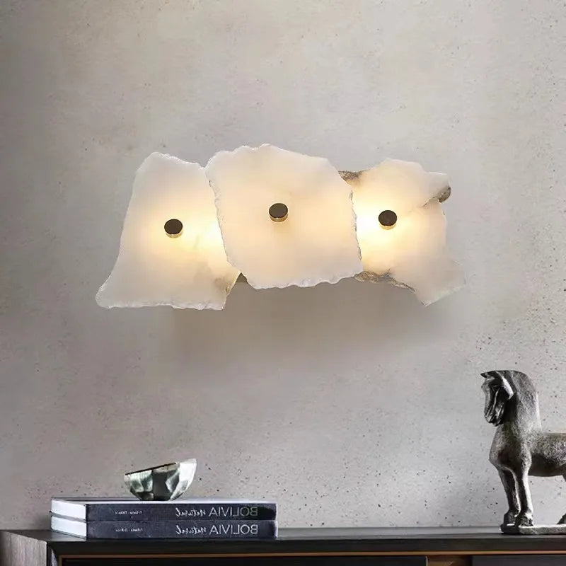 Applique murale moderne en laiton LED longue lampe en marbre naturel 	 de luxe éclairage applique chambre salon salle à manger couloir lumière - vue 6 sur 12