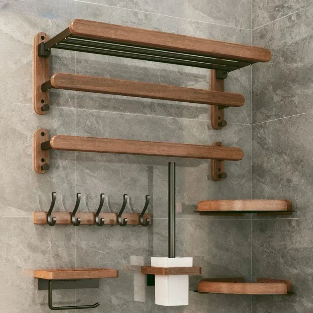 porte-serviettes en bois et aluminium organisateur mural pour accessoires de douche - vue 7 sur 16