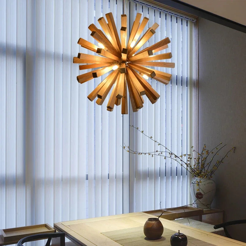 Nordic Dandelion Wooden Pendant Lights Art Creative new chinese Pendant Lamp tea room dining room living room Personality lamp - vue 3 sur 9