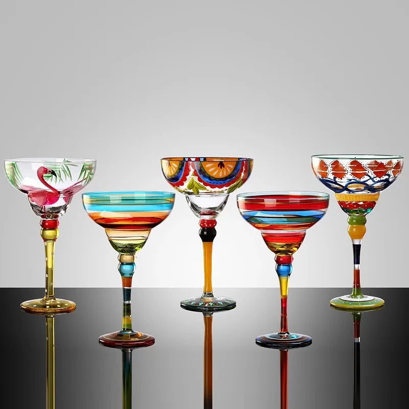 Verre cocktail margarita peint main motif flamant rayures