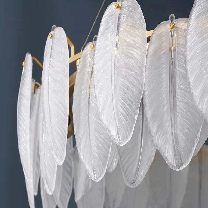 lustre moderne en verre avec plumes et lumière LED - vue 6 sur 14
