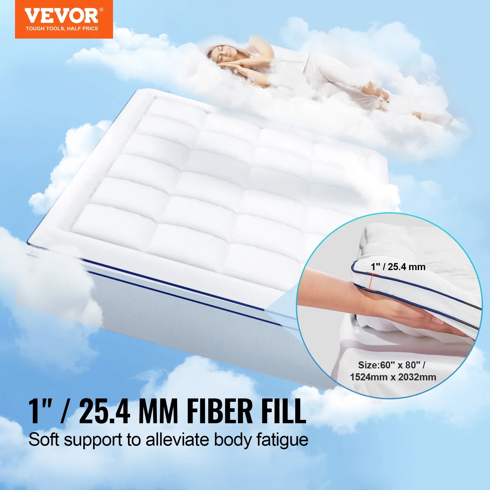 VEVOR Mattress Topper 1" Thickness Fiber Fill Pad with Detachable & Washable Layer, Detachable Bedside Pocket for Holding Items - vue 2 sur 7