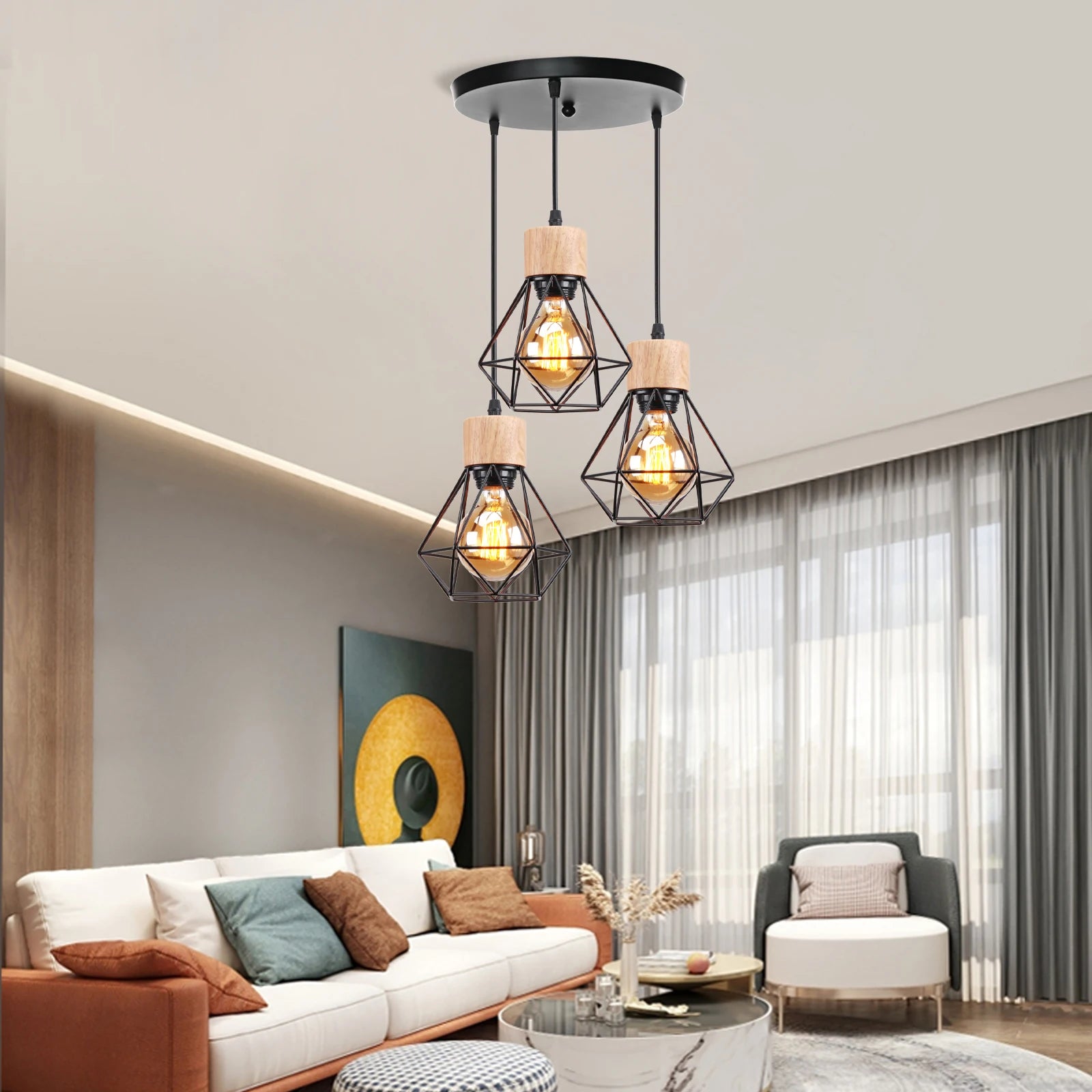 suspension vintage en bois luminaire led suspendu - vue 5 sur 14