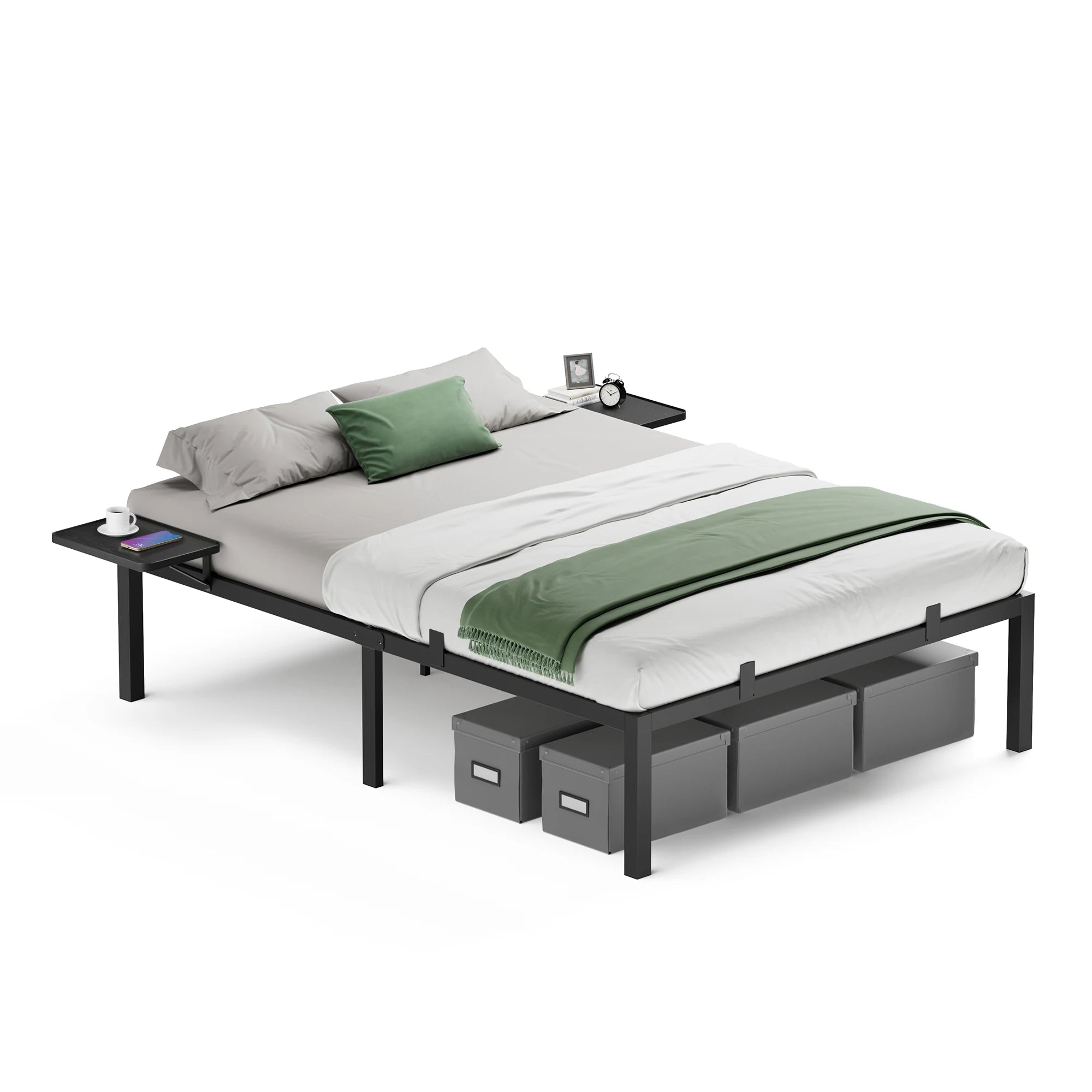 VASAGLE Double Bed Frame, Metal Bed Frame, with Bedside Shelves, Guest Bed Frame, for 190 x 140 cm Mattresses, Easy Assembly - vue 4 sur 7