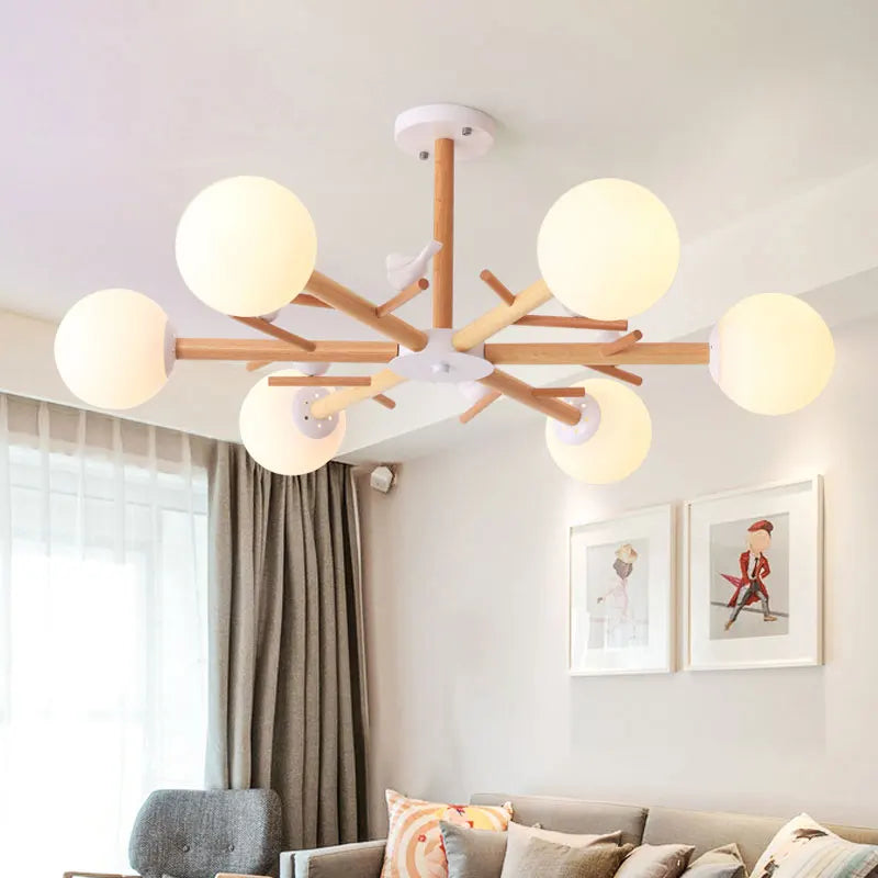 lustre en bois naturel avec abat-jour en verre moderne