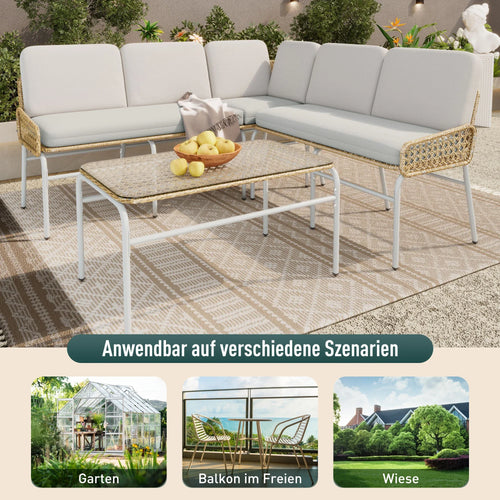 Poly rattan set, garden set, sofa lounge for 4-5 people, corner sofa, tempered glass, table & pads, apricot Gray, natural - vue 6 sur 6