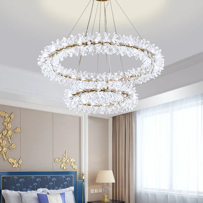 lustre en cristal moderne avec anneaux suspendus led de luxe - vue 5 sur 16
