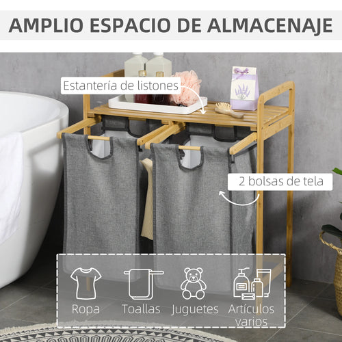 HOMCOM bamboo dirty laundry basket with 2 removable bags 63.5x33x73cm Natural - vue 4 sur 7