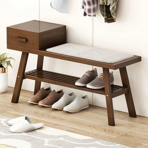 Shoe Storage Bench With Gray Cushion, White Shoe Rack Bench With 2 Storage Rack And Cubby And Drawer, Shoe Cabinet Bench Seat Fo - vue 3 sur 7
