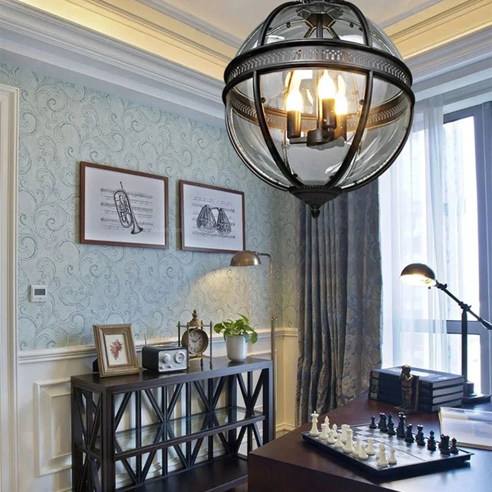 lustre sphérique rétro en fer et verre brillant - vue 3 sur 11