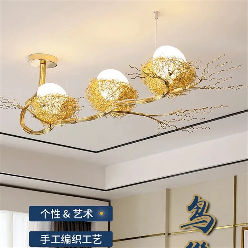 lustre moderne led en forme de nid d'oiseau en verre - vue 5 sur 15