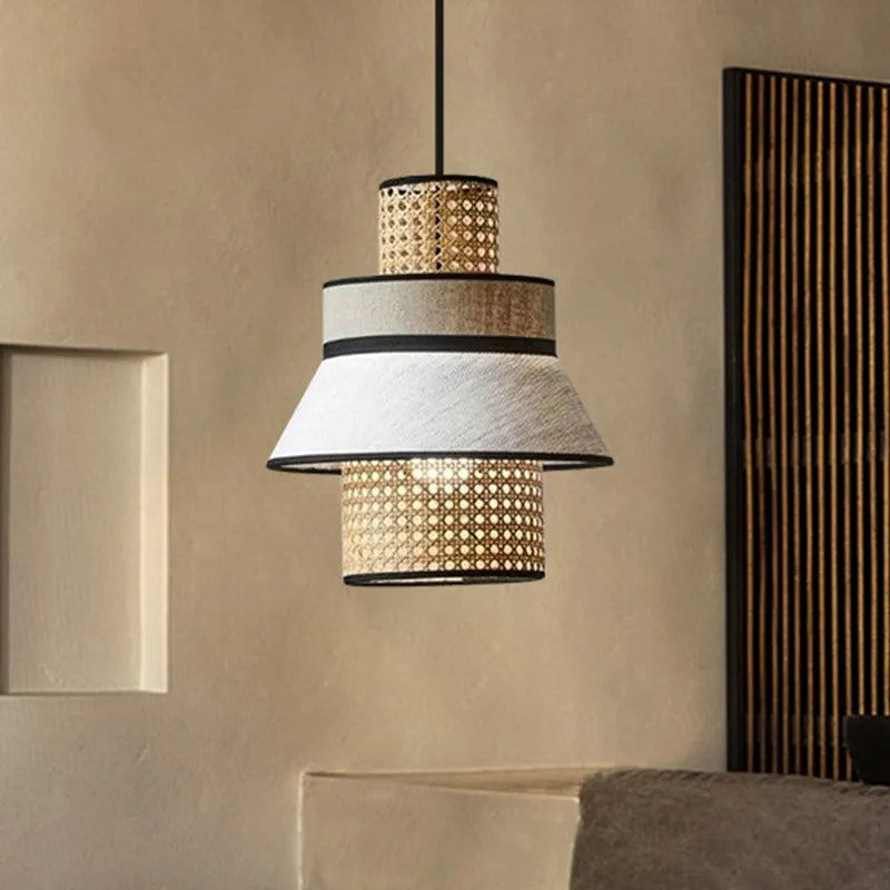 Vintage Japanese pendant light in fabric and rattan - vue 3 sur 12