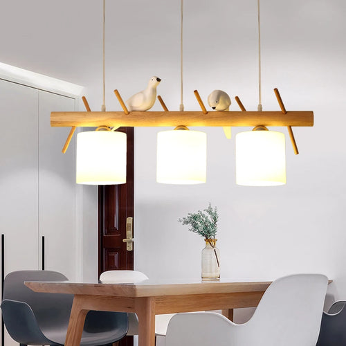 Lustre nordique en bois massif avec oiseaux - vue 5 sur 9
