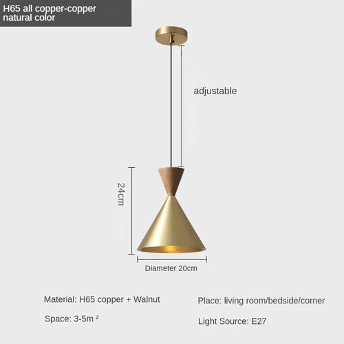 Modern and Minimalist Master Bedroom Bedside Pendant Light, Personalized and Luxurious All Copper Walnut Bar Hanging Line Light - vue 11 sur 10