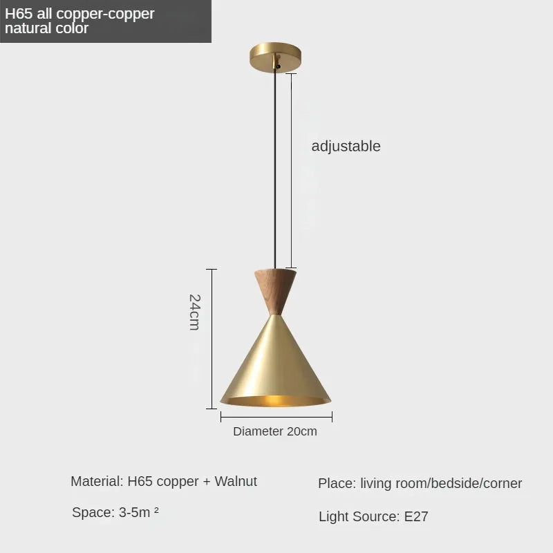 Modern and Minimalist Master Bedroom Bedside Pendant Light, Personalized and Luxurious All Copper Walnut Bar Hanging Line Light - vue 10 sur 10
