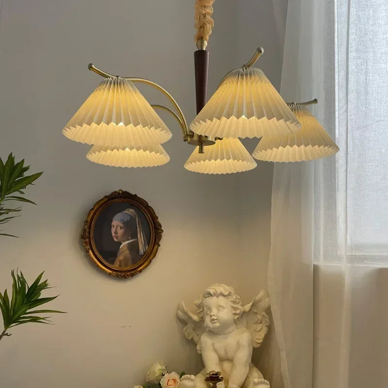 lustre suspendu nordique rétro abat-jour en tissu plissé lampe décorative - vue 5 sur 11