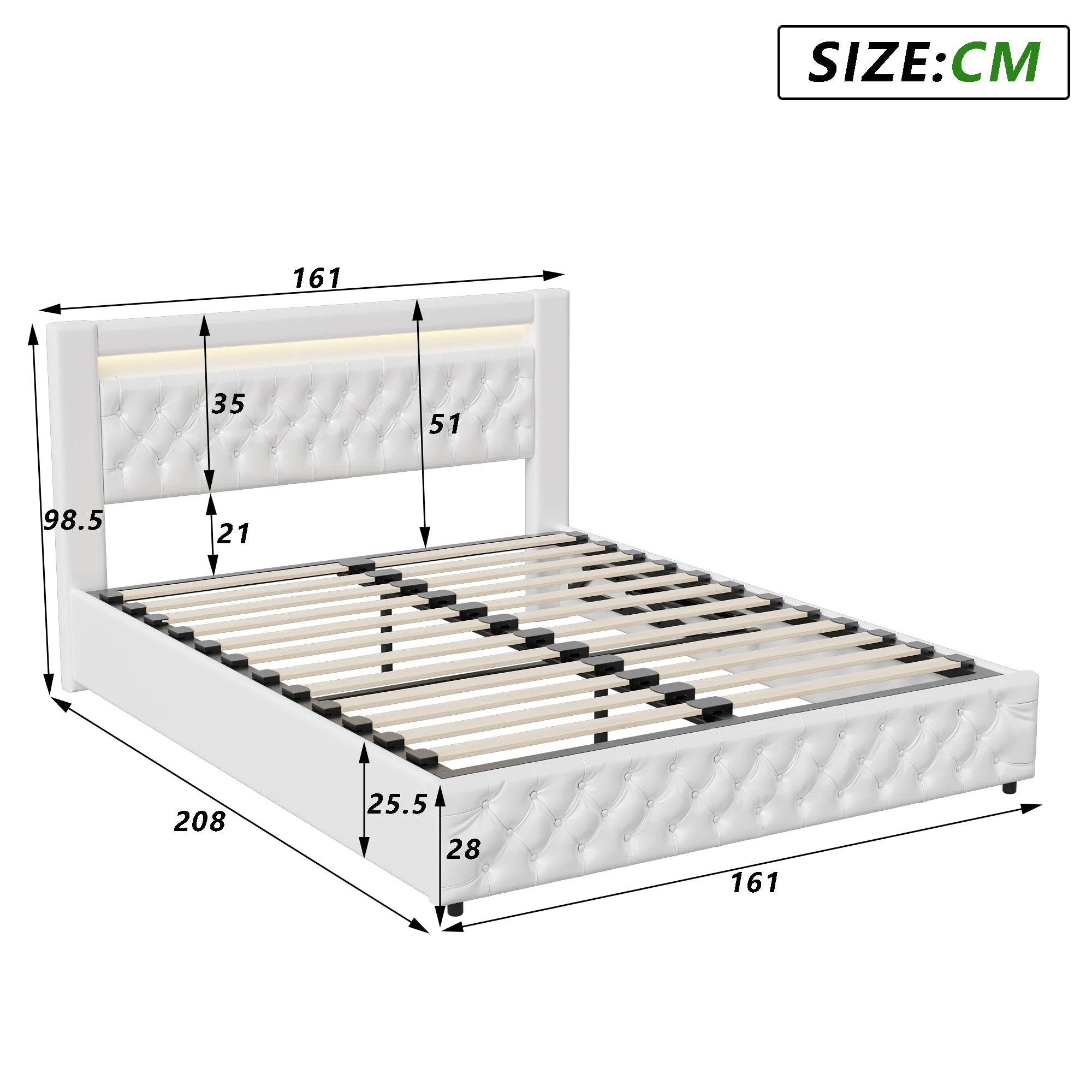 Upholstered Bed, Double Bed, PU Bedside Lamp, Hydraulic Functional Storage Bed, Headboard and Slatted Base, Padded Backrest - vue 8 sur 9
