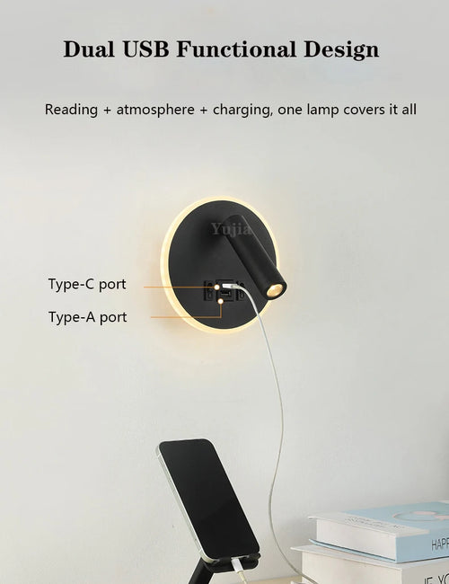 applique murale moderne avec ports usb et lampes de lecture réglables - vue 7 sur 16