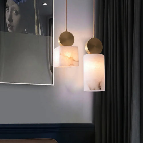 Small modern Spanish natural marble pendant light LED 2023 for dining room or restaurant - vue 6 sur 21