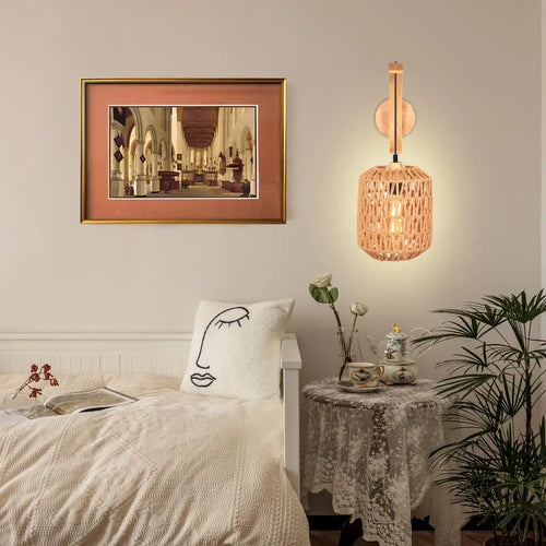 Vintage hemp rope and industrial wood wall light - vue 4 sur 9