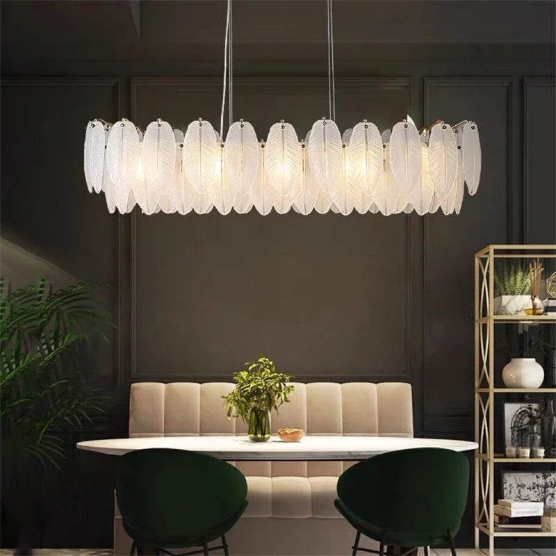 lustre moderne en verre avec plumes et lumière LED - vue 5 sur 14