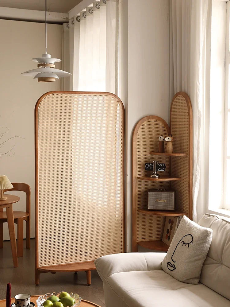 solid wood rattan screen, living room, retro entryway, shelf, partition, homestay, mobile seat screen