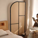 Japanese-style solid wood rattan screen partition is opposite the door to the home, living room entrance is blocked, and mobile
