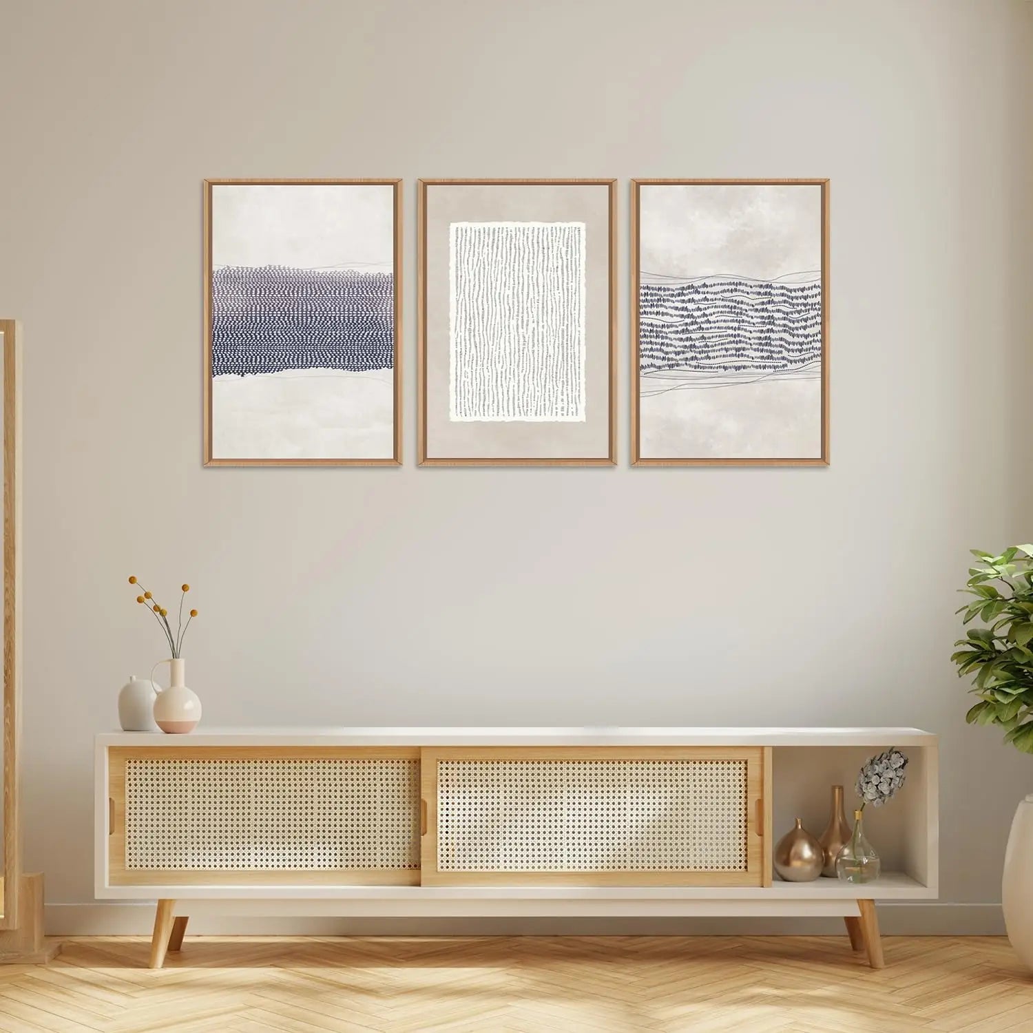 3 Pcs/Set Retro Neutral Abstract Frameless Canvas Wall Art, Bohemian Line Wall Decoration, Modern Blue and White Wall Painting, - vue 3 sur 5