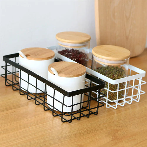 Metal Storage Basket, Black and White, Office Desktop, Cosmetic Sorting Baskets, Kitchen Seasoning Jar Organizer, Iron Box - vue 3 sur 10