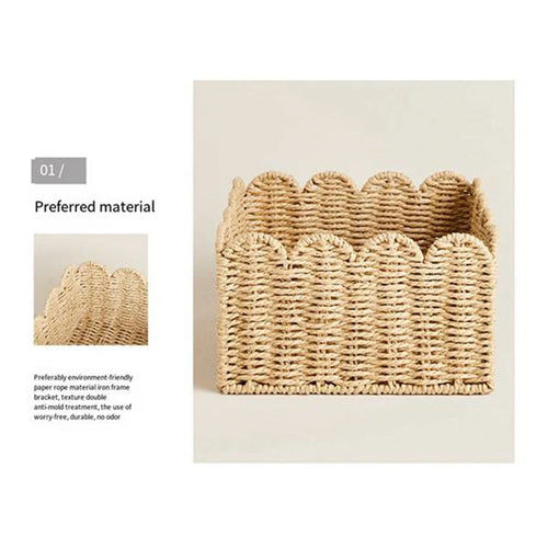 Scalloped Edge Basket, Wicker Storage Baskets,Handwoven Organizing Baskets For Shelves, Paper Rope Design - vue 3 sur 6