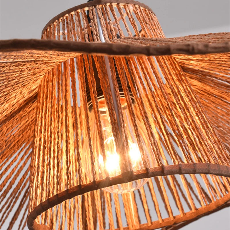 Vintage hemp rope pendant light with Japanese wabi-sabi shade - vue 5 sur 8