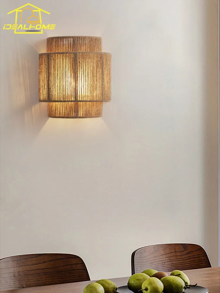 applique murale japonaise rétro en rotin tissé pour intérieur moderne - vue 3 sur 6