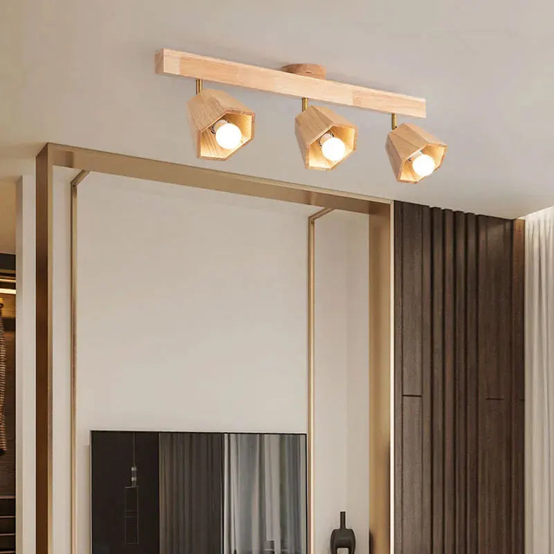 Plafonnier LED moderne en bois pour allée chambre vestiaire toilette magasin couloir luminaire sur rail Long lustre avec projecteur - vue 4 sur 15