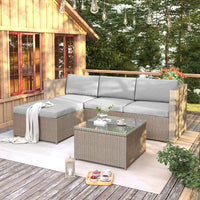 Poly rattan lounge sofa set, garden furniture, corner sofa with seat cushion and back cushion/lounge table with glass top