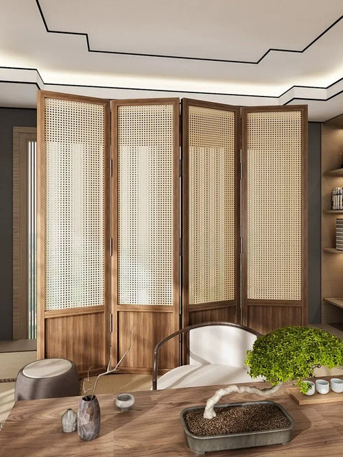 Chinese style rattan folding screen, mobile partition, living room covering, household bedroom, homestay - vue 3 sur 6