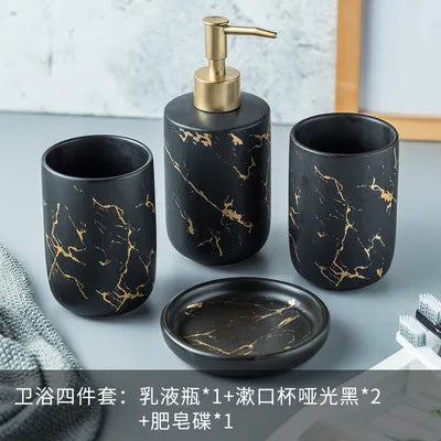 Black Marbled Bathroom Accessories Set, Ceramic Soap Dispenser, Toothbrush Holder, Box, Decoration - vue 10 sur 17