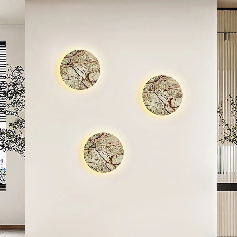applique murale atmosphère artistique circulaire en marbre décoratif moderne Wabi Sabi luxe hôtel Villa chevet couloir LED - vue 4 sur 8