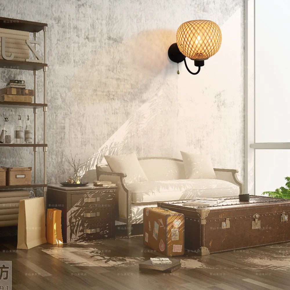 applique murale moderne en bambou tissé à la main avec interrupteur led - vue 5 sur 6