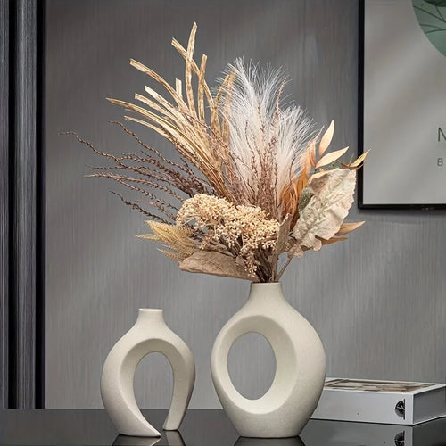 Hollow Nordic Modern Ceramic Vase Set of 2 for Modern Home Decor,Modern Boho Hollow Flower Vases for Living Room Bookshelf - vue 7 sur 8