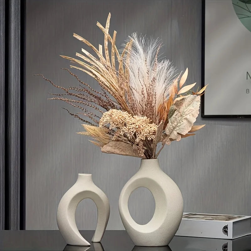 Hollow Nordic Modern Ceramic Vase Set of 2 for Modern Home Decor,Modern Boho Hollow Flower Vases for Living Room Bookshelf - vue 6 sur 8