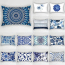 taie d'oreiller rectangulaire motif rayé fleurs bleues et feuilles