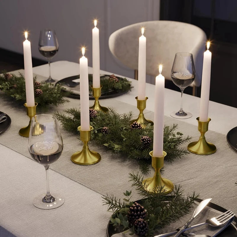 6PCS Brass Gold Taper Candle Holders, Vintage Metal Candlestick Holders For Dinner Room Table Centerpiece Gold Mantel - vue 5 sur 6