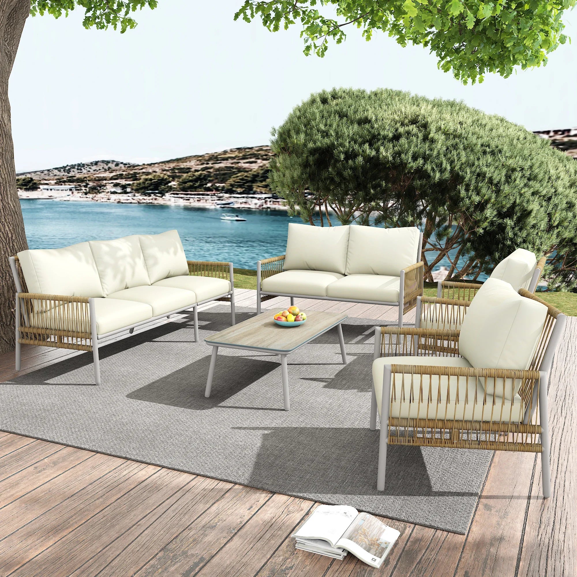 salon de jardin 7 places en rotin avec coussins amovibles - vue 3 sur 6
