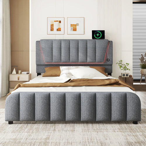 160x200cm, bed with slatted frame (without mattress), bed with four drawers, Adjustable headboard, Linen, Minimalist, Grey - vue 7 sur 6