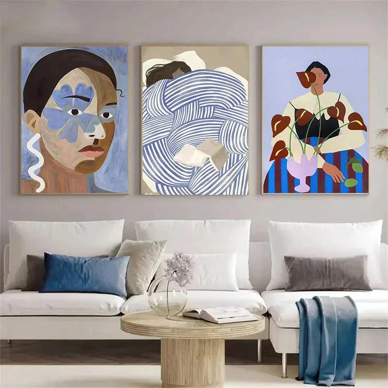 art mural abstrait géométrique visage courbe fille colombe décor nordique